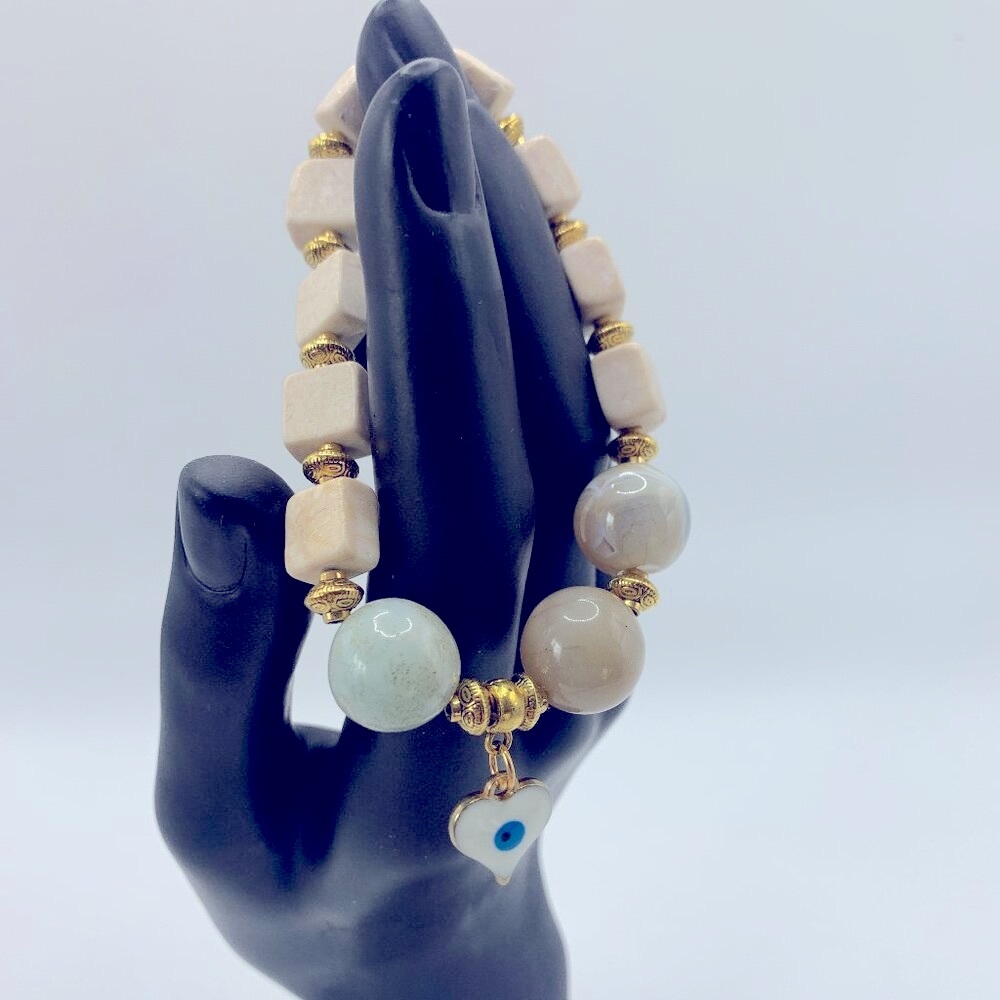 Evil Eye Charm, Translucent Agate, Riverstone & M… - image 1